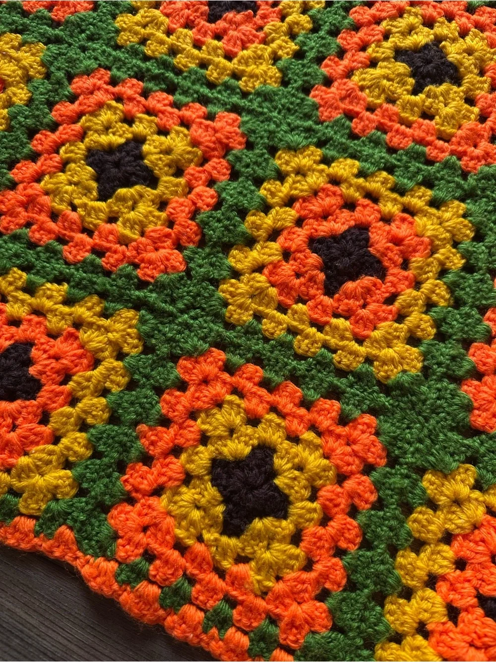 Vintage 70s Crochet Afghan Granny Square Blanket Retro Boho Orange Green Gold